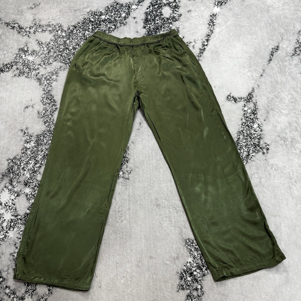 Zara Olive Green Satin Effect Pants Size L Elastic Waist Wide Leg Pull On